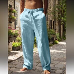 Light Blue Drawstring Linen-Blend Pants for men